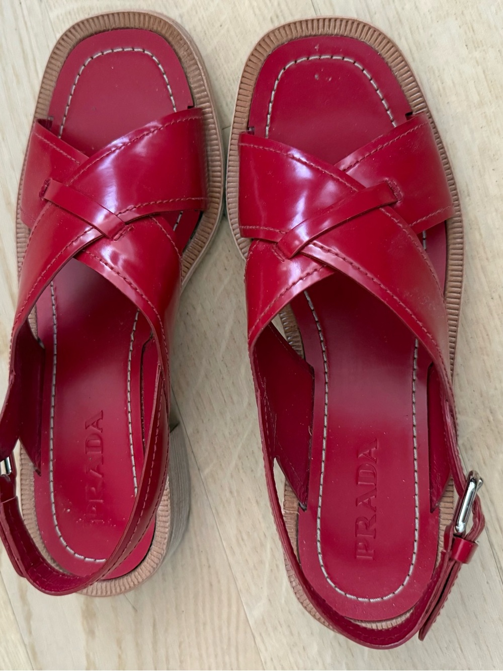 Prada Designer Italian Red Leather Cross Sandals Size 38 NWT